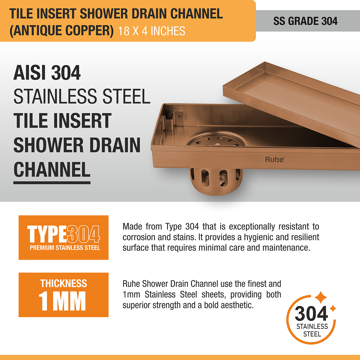 Tile Insert Shower Drain Channel (18 x 4 Inches) ROSE GOLD PVD Coated - by Ruhe®