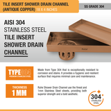 Tile Insert Shower Drain Channel (18 x 4 Inches) ROSE GOLD PVD Coated stainless steel