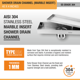 Marble Insert Shower Drain Channel (40 x 4 Inches) with Cockroach Trap (304 Grade) stainless steel
