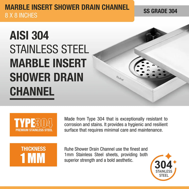 Marble-Insert Shower Drain Channel (8 x 8 Inches)