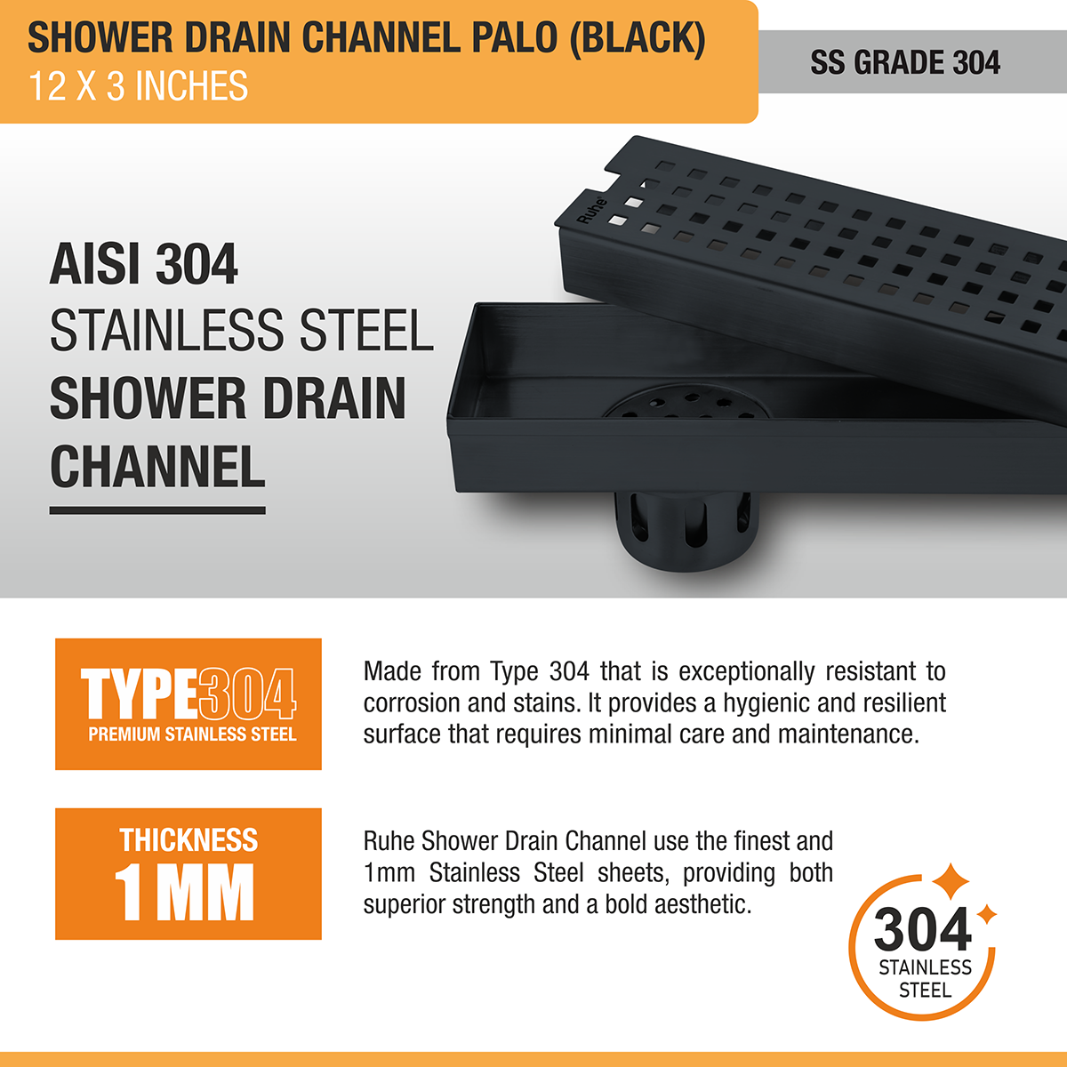 Palo Shower Drain Channel (12 x 3 Inches) Black PVD Coated - by Ruhe®