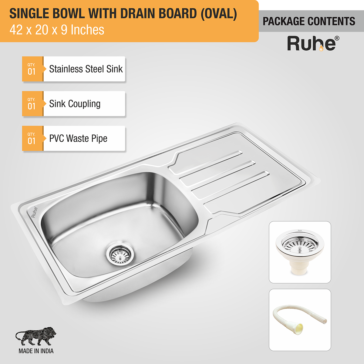 Oval Single Bowl (42 x 20 x 9 inches) Premium Stainless Steel Kitchen Sink with Drainboard package