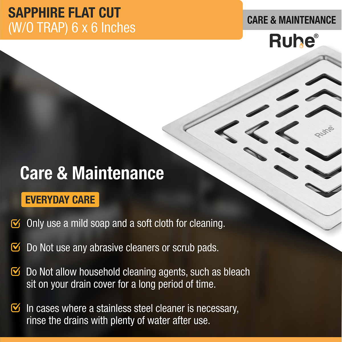 Sapphire Square Flat Cut 304-Grade Floor Drain (6 x 6 Inches) care and maintenance