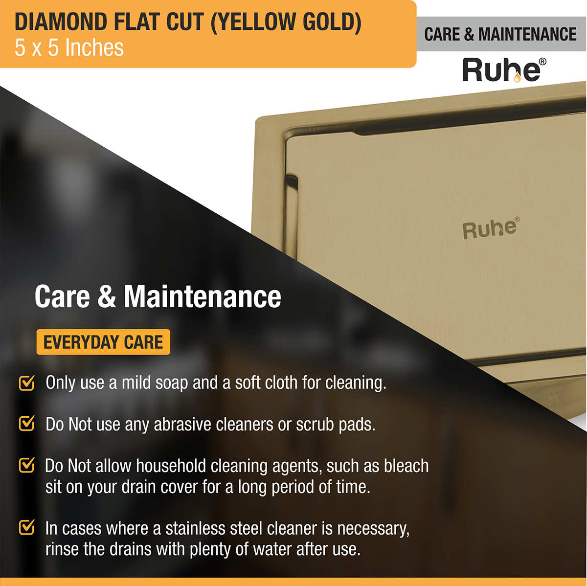 Diamond Square Flat Cut Floor Drain in Yellow Gold PVD Coating (5 x 5 Inches) - by Ruhe