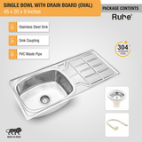 Oval Single Bowl (45 x 20 x 9 inches) 304-Grade Stainless Steel Kitchen Sink with Drainboard with waste pipe, sink coupling