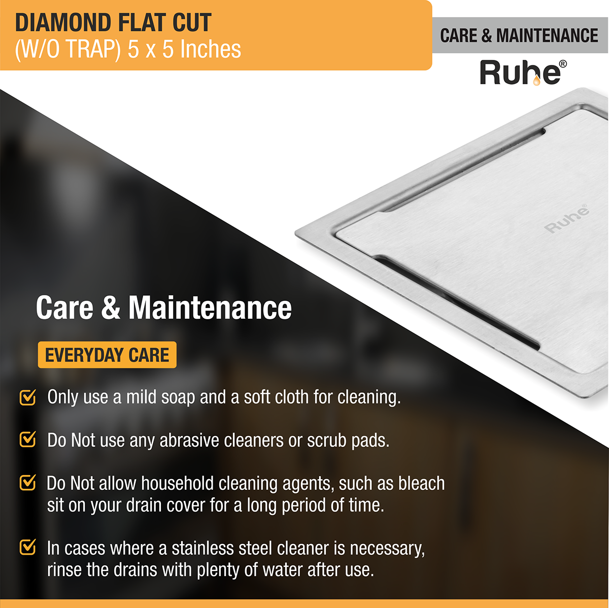 Diamond Square Flat Cut 304-Grade Floor Drain (5 x 5 Inches) care and maintenance