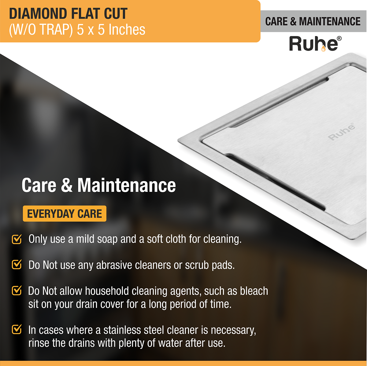 Diamond Square Flat Cut 304-Grade Floor Drain (5 x 5 Inches) - by Ruhe