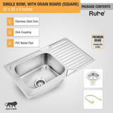 Square Single Bowl (32 x 20 x 8 inches) Kitchen Sink with Drainboard package content