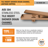 Tile Insert Shower Drain Channel (36 x 3 Inches) ROSE GOLD PVD Coated stainless steel