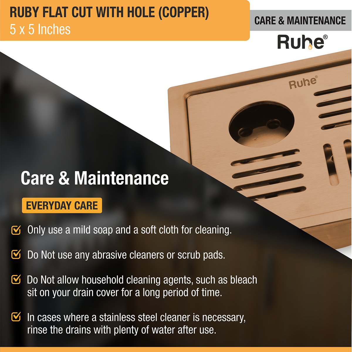 Ruby Square Flat Cut Floor Drain in Antique Copper PVD Coating (5 x 5 Inches) with Hole - by Ruhe®