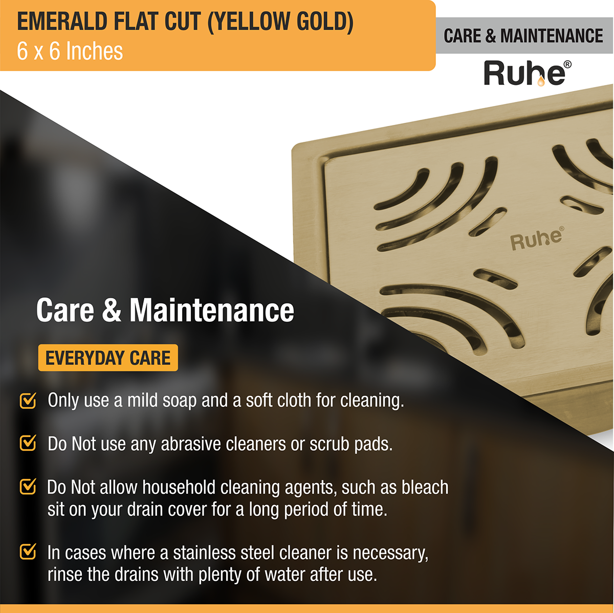 Emerald Square Flat Cut Floor Drain in Yellow Gold PVD Coating (6 x 6 Inches) - by Ruhe®