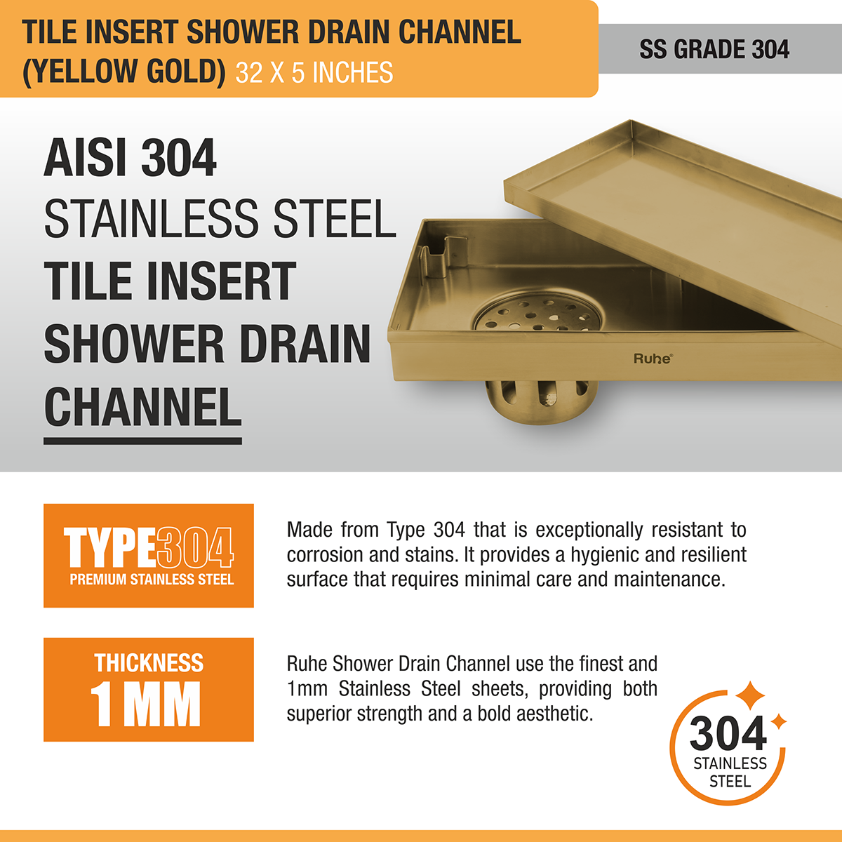 Tile Insert Shower Drain Channel (32 x 5 Inches) YELLOW GOLD PVD Coated - by Ruhe®