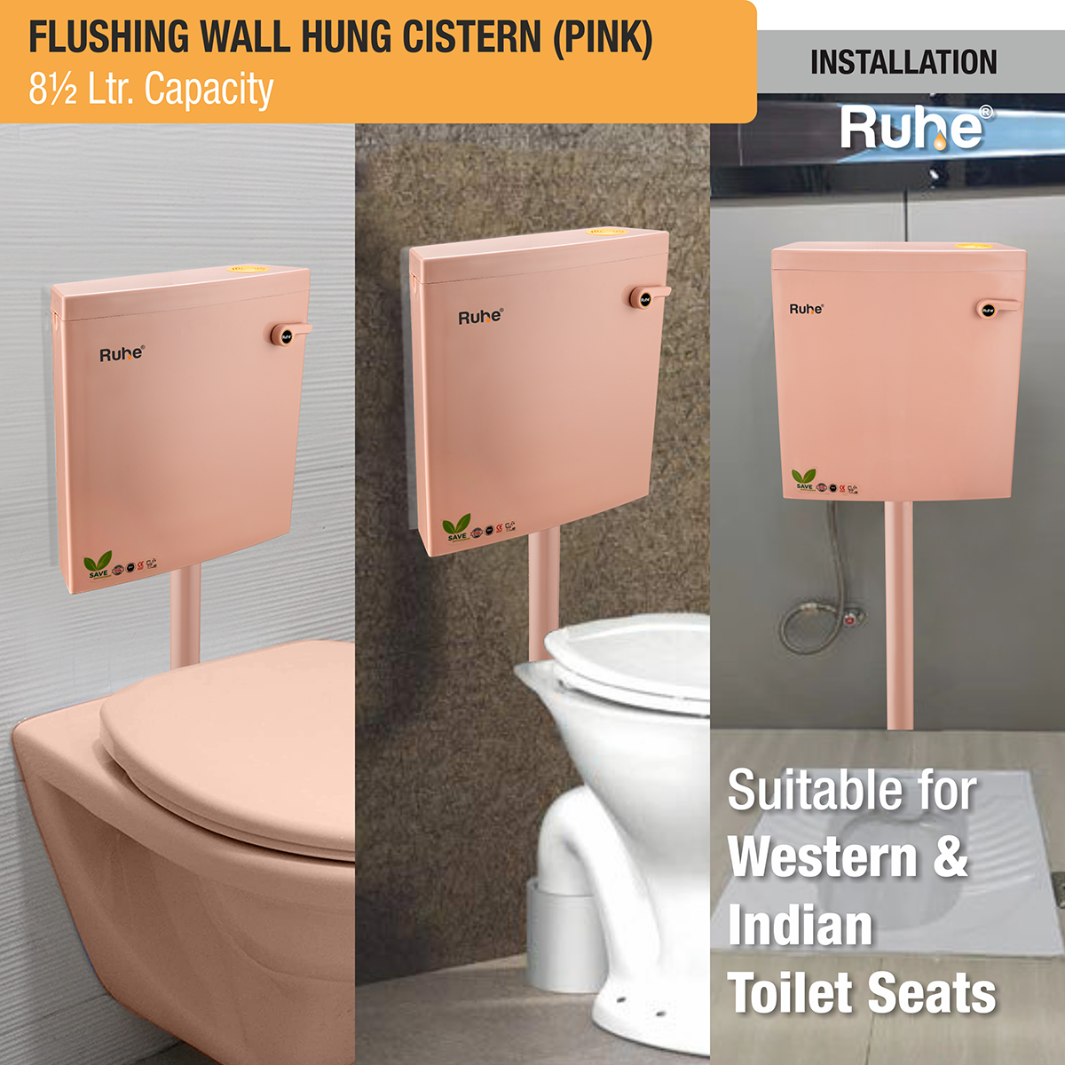 Flushing Wall Hung Cistern 8.5 Ltr. (Pink) installation