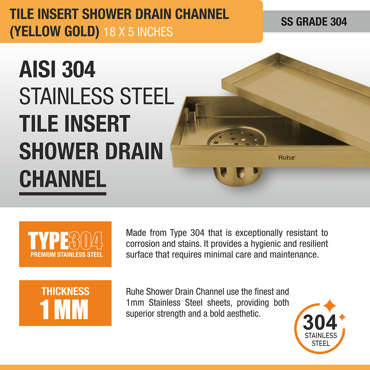 Tile Insert Shower Drain Channel (18 x 5 Inches) YELLOW GOLD PVD Coated stainless steel