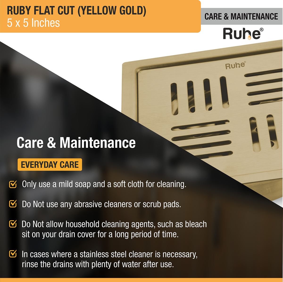 Ruby Square Flat Cut Floor Drain in Yellow Gold PVD Coating (5 x 5 Inches) care and maintenance