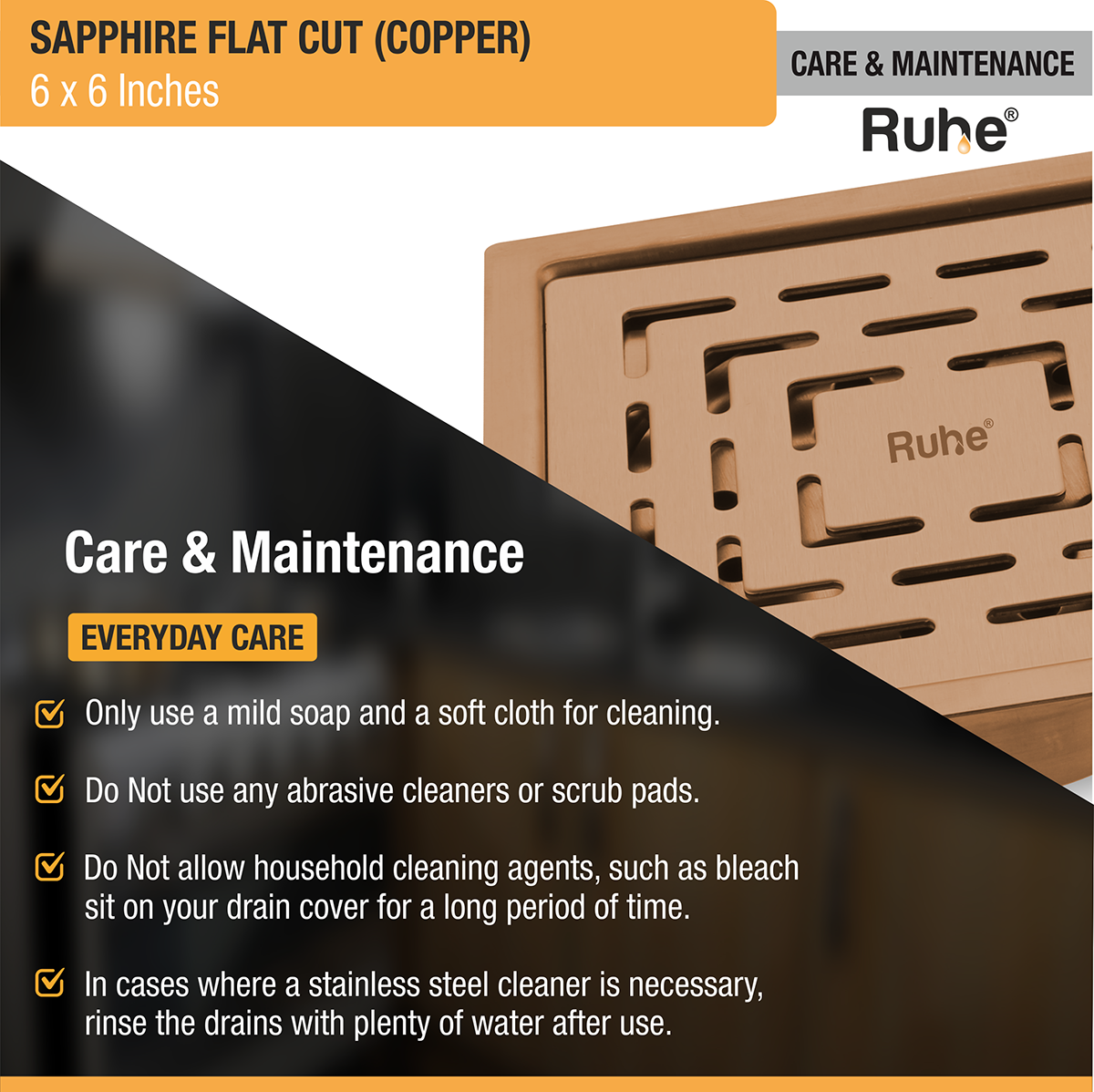 Sapphire Square Flat Cut Floor Drain in Antique Copper PVD Coating (6 x 6 Inches) care and maintenance