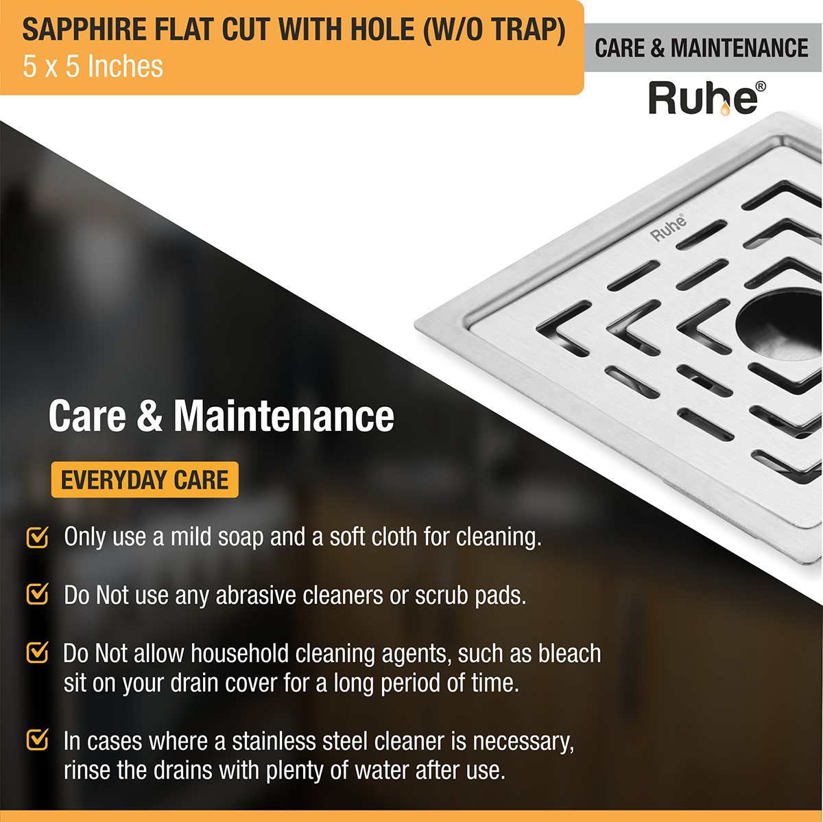 Sapphire Square Flat Cut 304-Grade Floor Drain with Hole (5 x 5 Inches) - by Ruhe®