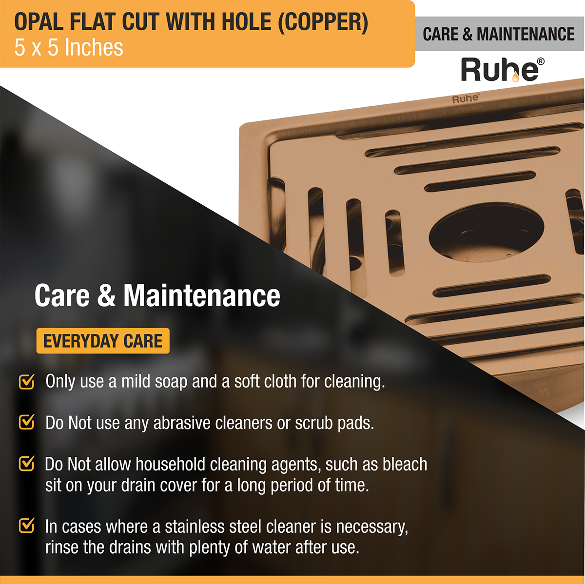 Opal Square Flat Cut Floor Drain in Antique Copper PVD Coating (6 x 6 Inches) with Hole - by Ruhe®