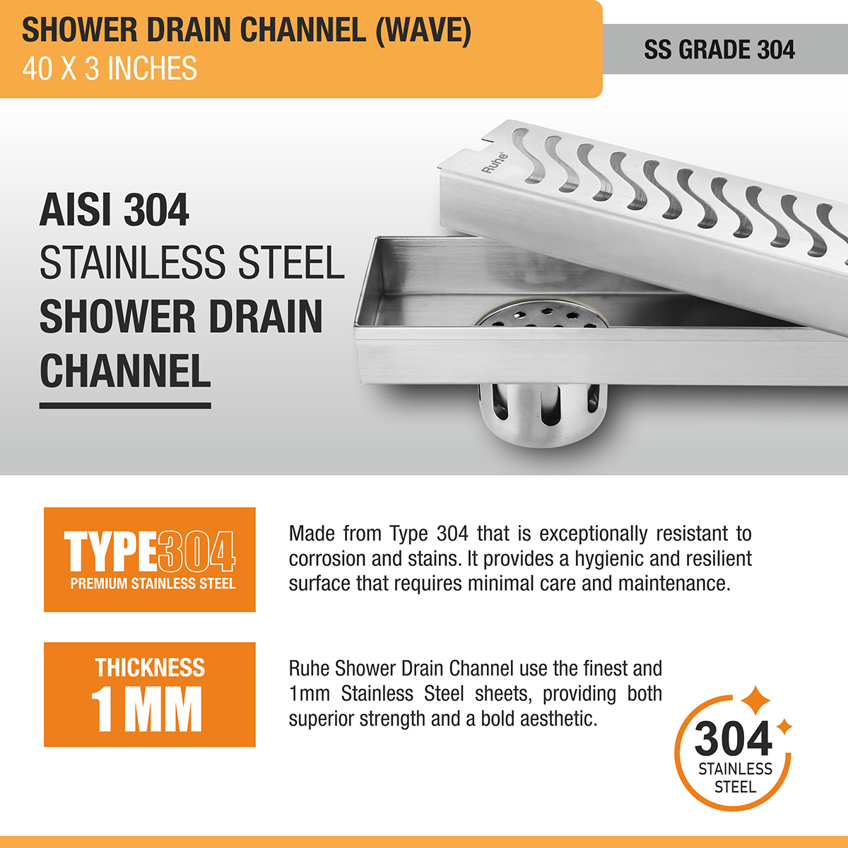 Wave Shower Drain Channel (40 X 3 Inches) with Cockroach Trap (304 Grade) stainless steel
