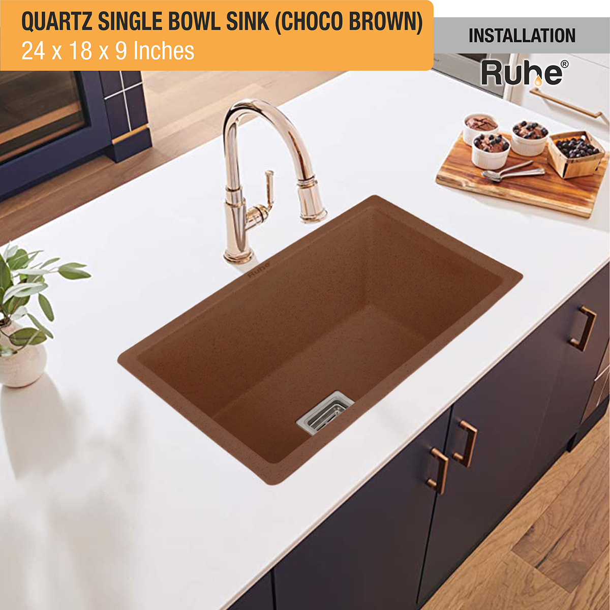 Quartz Single Bowl Choco Brown Kitchen Sink (24 x 18 x 9 inches) installed