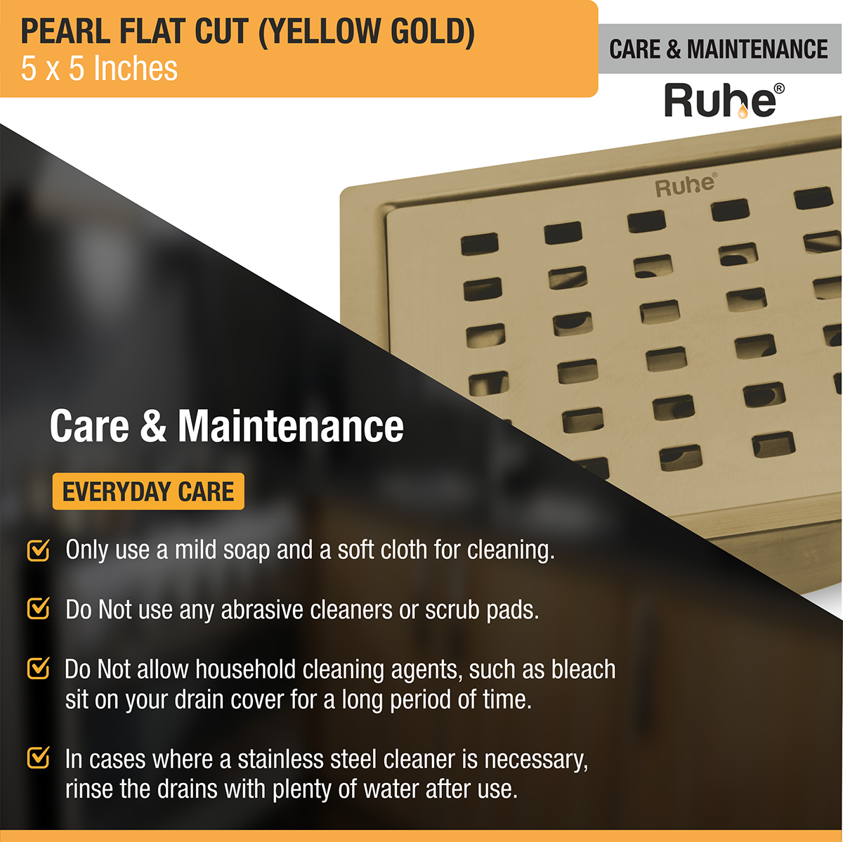 Pearl Square Flat Cut Floor Drain in Yellow Gold PVD Coating (5 x 5 Inches) care and maintenance