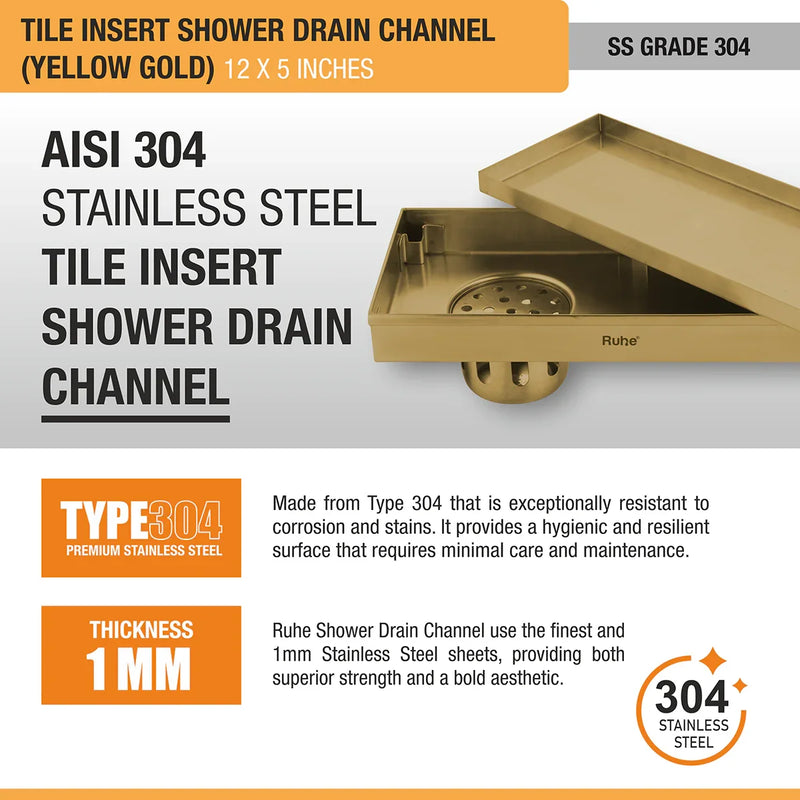 Tile Insert Shower Drain Channel (12 x 5 Inches) YELLOW GOLD PVD Coated - by Ruhe