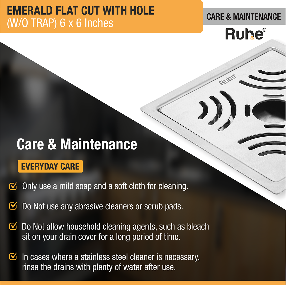 Emerald Square Flat Cut 304-Grade Floor Drain with Hole (6 x 6 Inches) - by Ruhe®