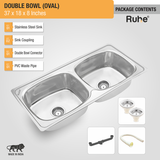 Oval Double Bowl (37 x 18 x 8 inches) Kitchen Sink with sink coupling, double bowl connector, and pvc waste pipe