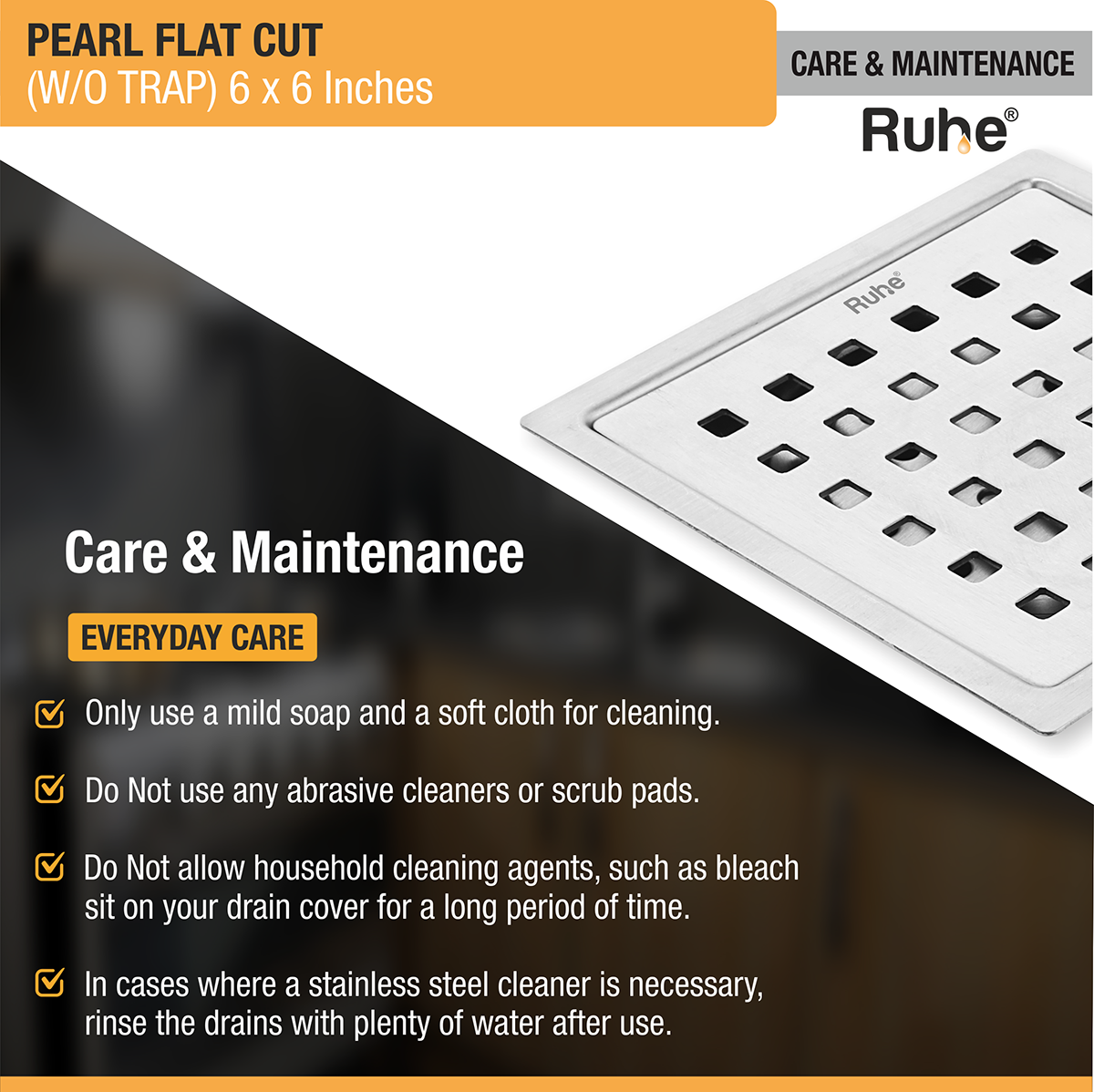 Pearl Square Flat Cut 304-Grade Floor Drain (6 x 6 Inches) - by Ruhe®