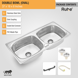 Oval Double Bowl (37 x 18 x 8 inches) 304-Grade Kitchen Sink with coupling, double bowl connector, pvc waste pipe
