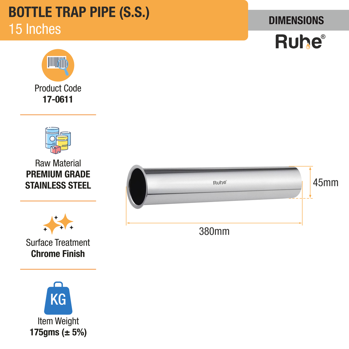 Bottle Trap Stainless Steel Pipe (15 Inches) - by Ruhe