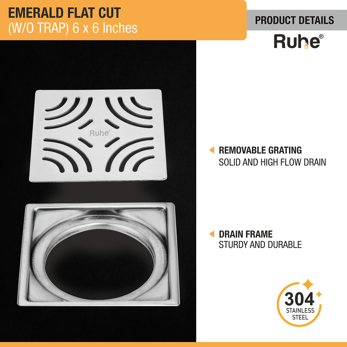 Emerald Square Flat Cut 304-Grade Floor Drain (6 x 6 Inches) with removable grating and drain frame