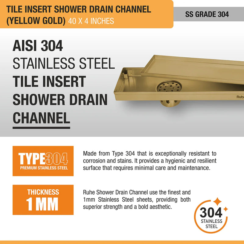Tile Insert Shower Drain Channel (40 x 4 Inches) YELLOW GOLD PVD Coated - by Ruhe