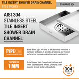 Tile Insert Shower Drain Channel (8 x 8 Inches) with Cockroach Trap (304 Grade) stainless steel