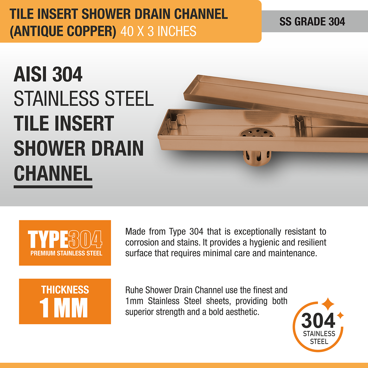 Tile Insert Shower Drain Channel (40 x 3 Inches) ROSE GOLD PVD Coated - by Ruhe®