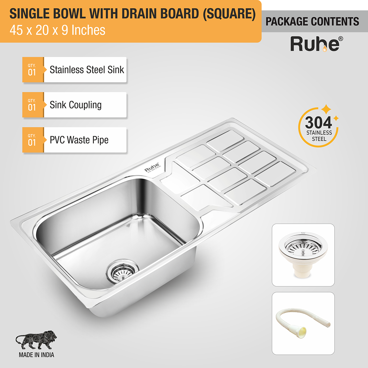 Square Single Bowl (45 x 20 x 9 Inches) 304-Grade Stainless Steel Kitchen Sink with Drainboard, coupling, waste pipe