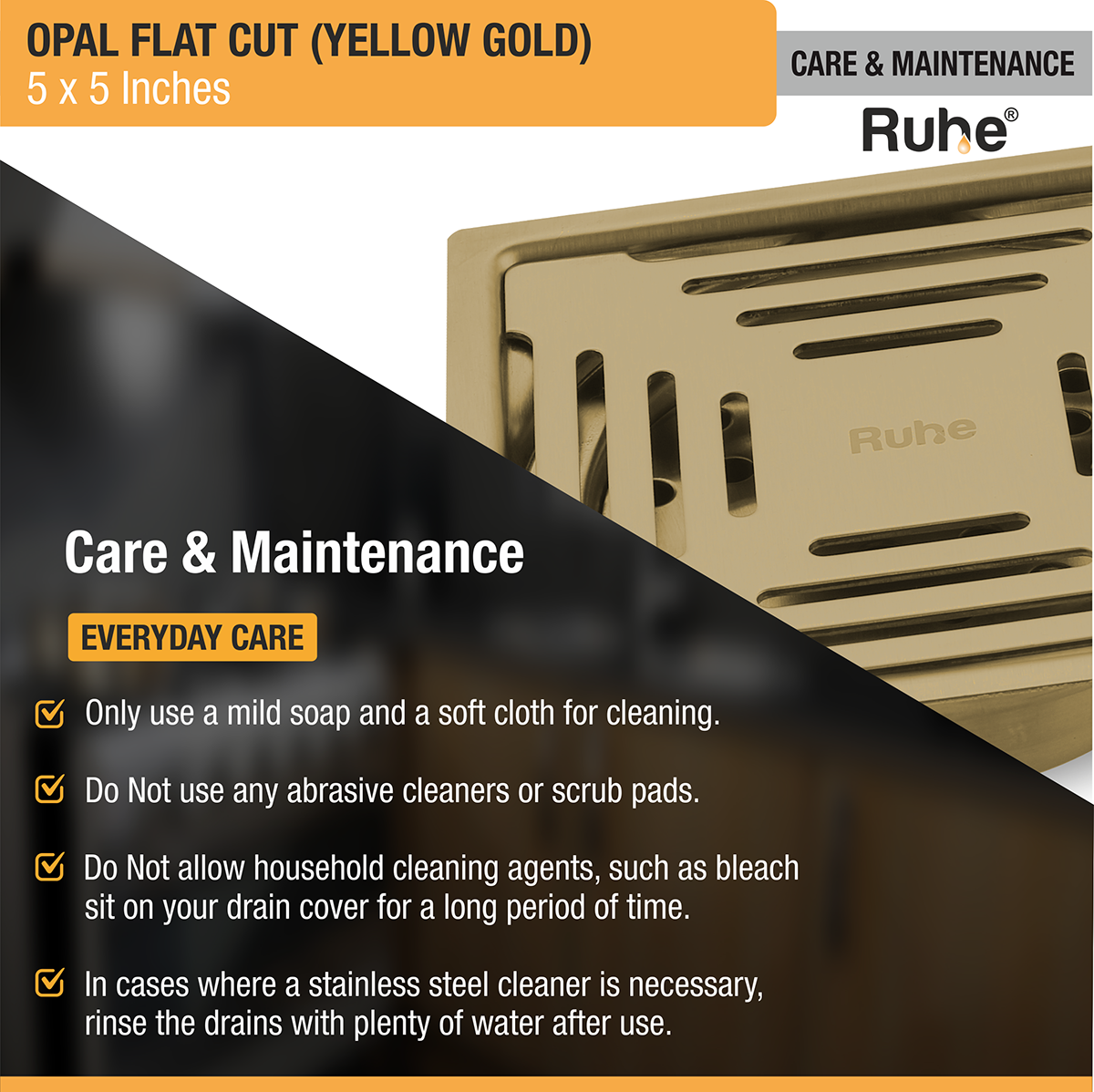 Opal Square Flat Cut Floor Drain in Yellow Gold PVD Coating (5 x 5 Inches) care and maintenance