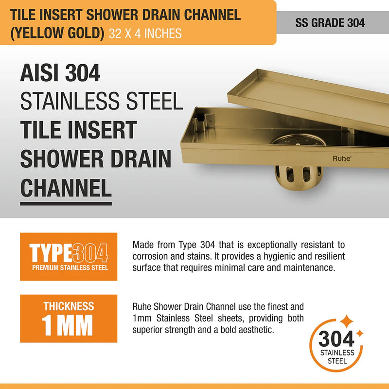 Tile Insert Shower Drain Channel (32 x 4 Inches) YELLOW GOLD PVD Coated - by Ruhe