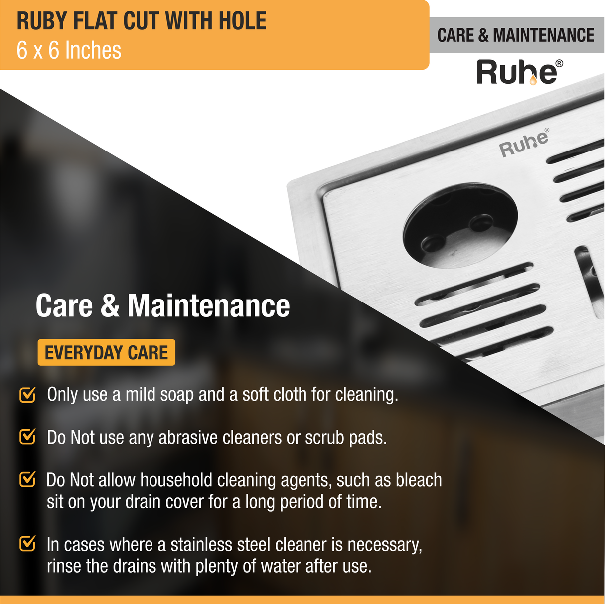 Ruby Square Flat Cut 304-Grade Floor Drain with Hole & Cockroach Trap (6 x 6 Inches) - by Ruhe®