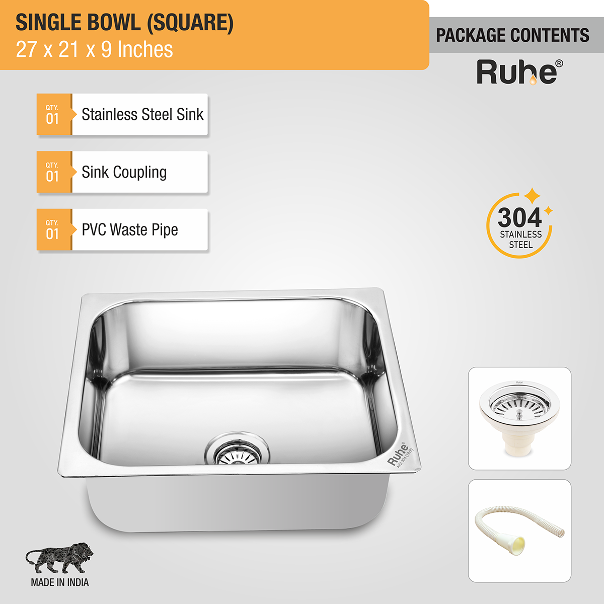 Square Single Bowl 304-Grade Kitchen Sink (27 x 21 x 9 inches)– by Ruhe