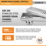 Vertical Shower Drain Channel (12 x 4 Inches) with Cockroach Trap (304 Grade) stainless steel