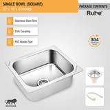 Square Single Bowl (22 x 18 x 8 inches) 304-Grade Kitchen Sink with coupling, pvc waste pipe