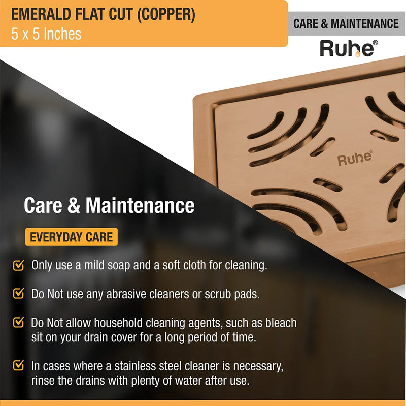 Emerald Square Flat Cut Floor Drain in Antique Copper PVD Coating (5 x 5 Inches) - by Ruhe