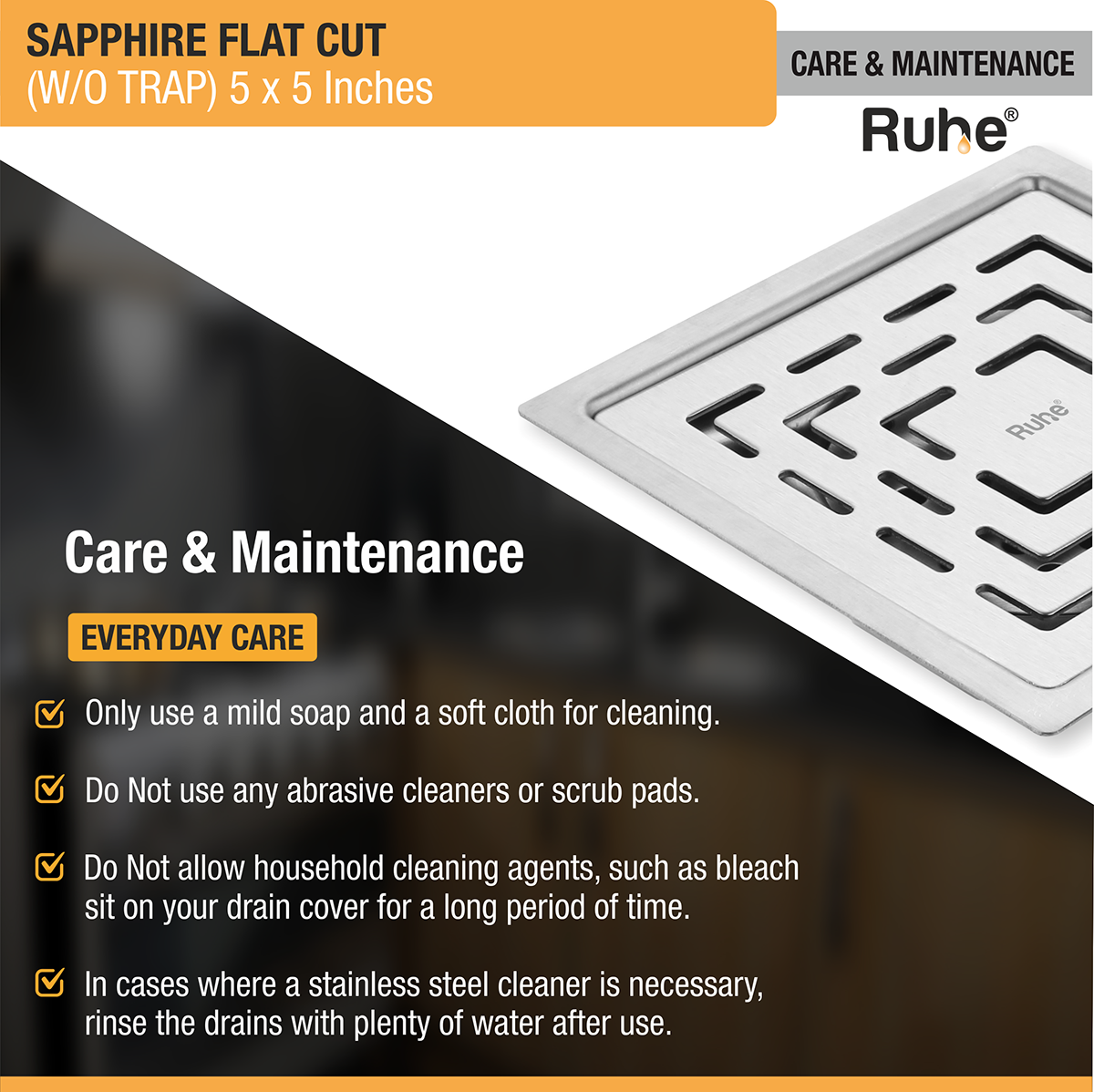 Sapphire Square Flat Cut 304-Grade Floor Drain (5 x 5 Inches) - by Ruhe®