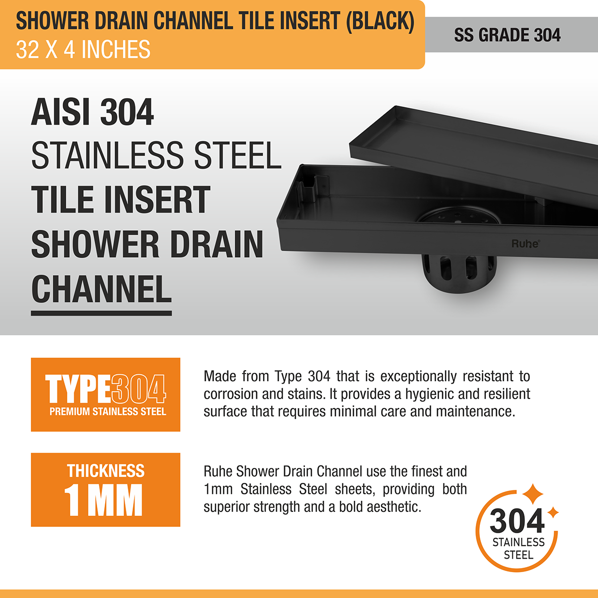 Tile Insert Shower Drain Channel (32 x 4 Inches) Black PVD Coated - by Ruhe®