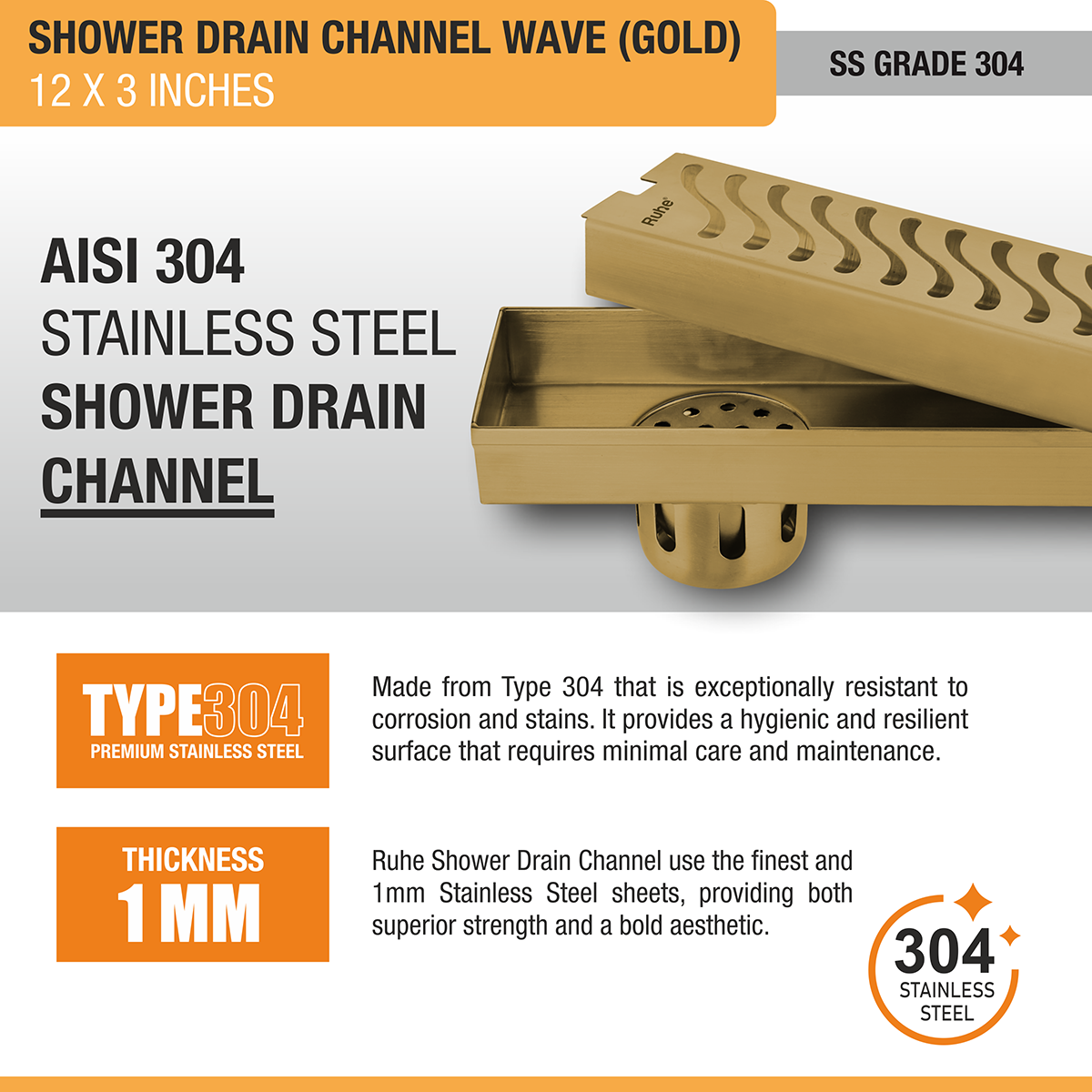 Wave Shower Drain Channel (12 x 3 Inches) YELLOW GOLD PVD Coated - by Ruhe®