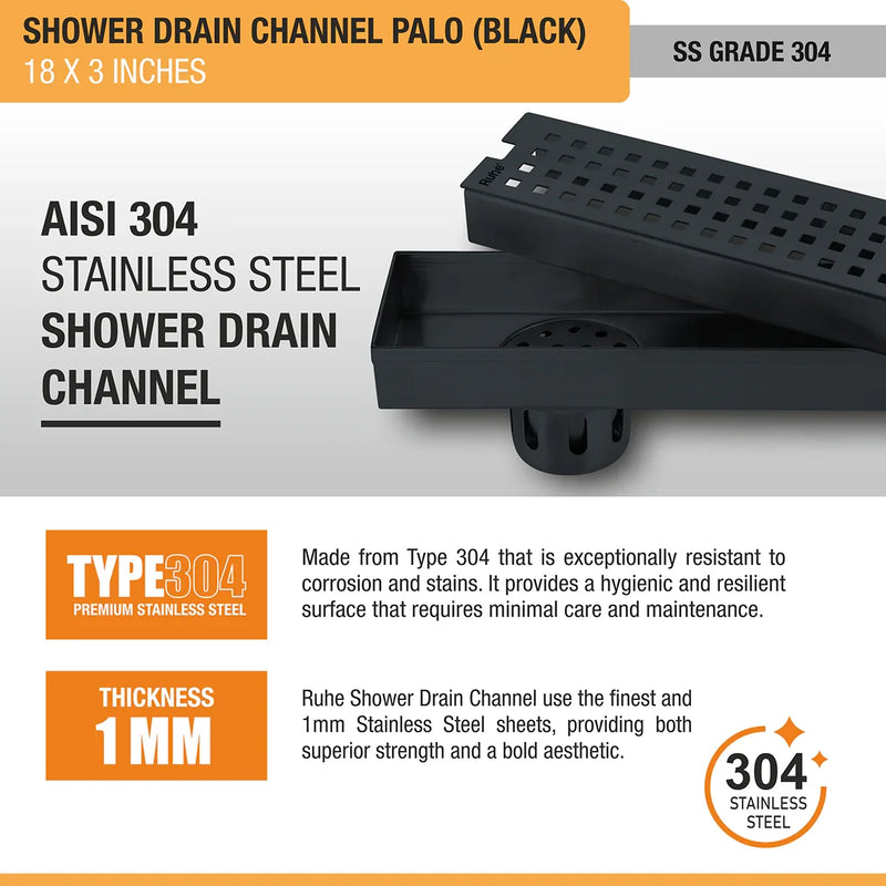 Palo Shower Drain Channel (18 x 3 Inches) Black PVD Coated - by Ruhe