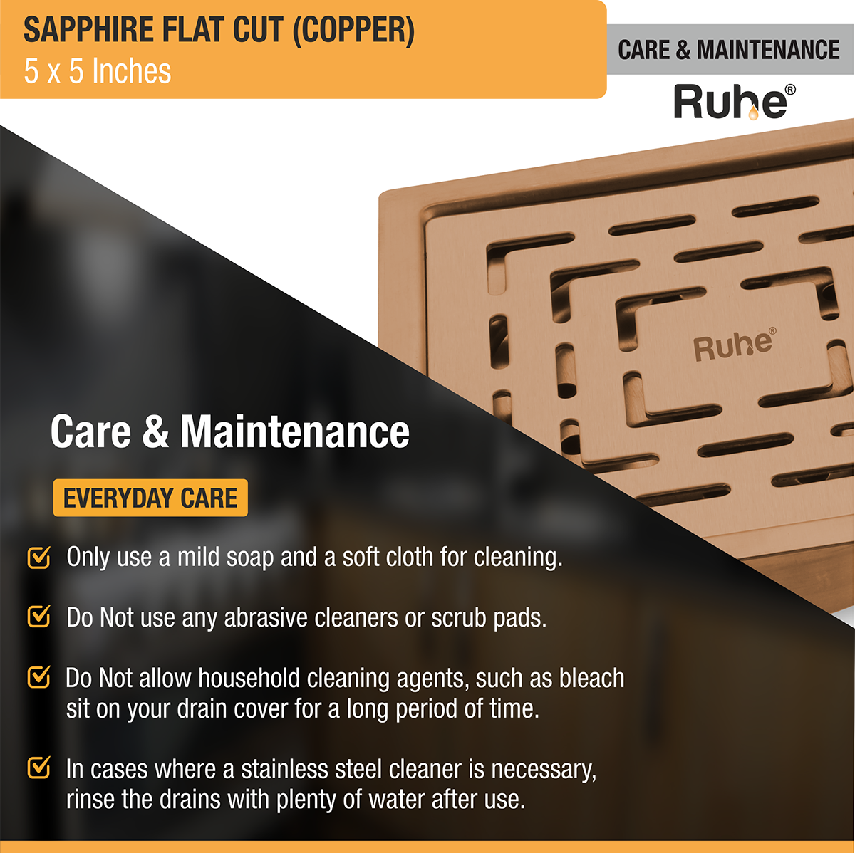 Sapphire Square Flat Cut Floor Drain in Antique Copper PVD Coating (5 x 5 Inches) - by Ruhe