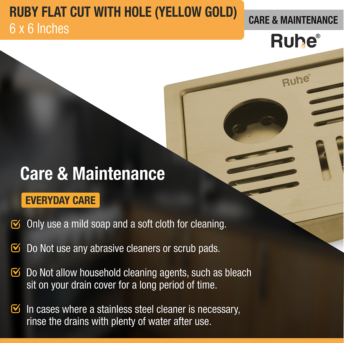 Ruby Square Flat Cut Floor Drain in Yellow Gold PVD Coating (6 x 6 Inches) with Hole - by Ruhe®