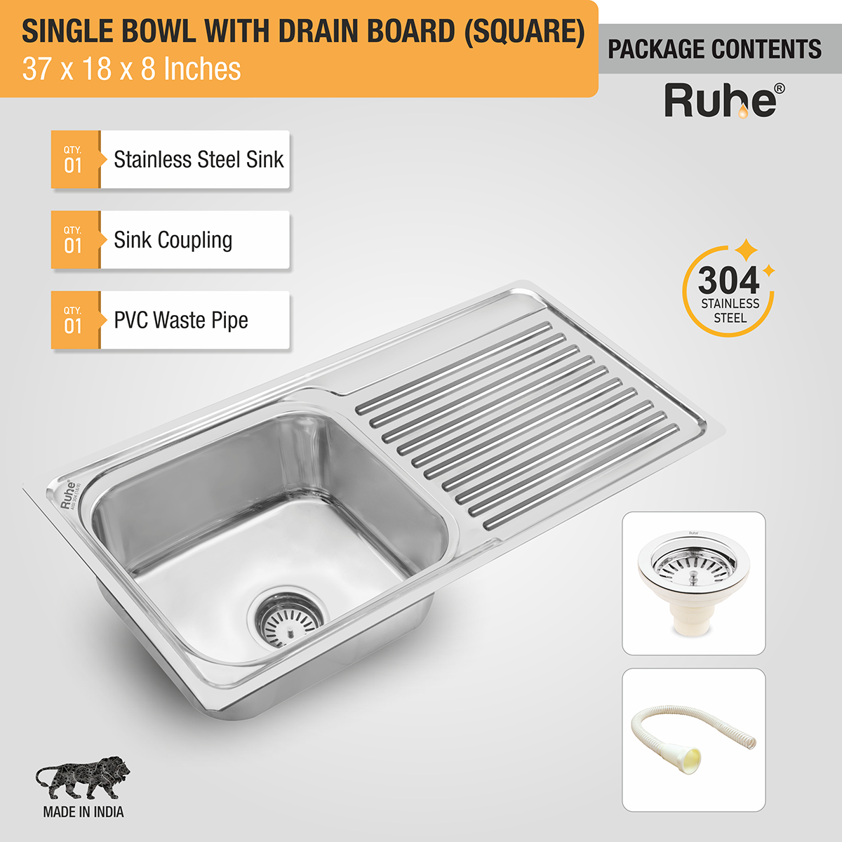 Square Single Bowl (37 x 18 x 8 Inches) 304-Grade Stainless Steel Kitchen Sink with Drainboard with coupling, waste pipe